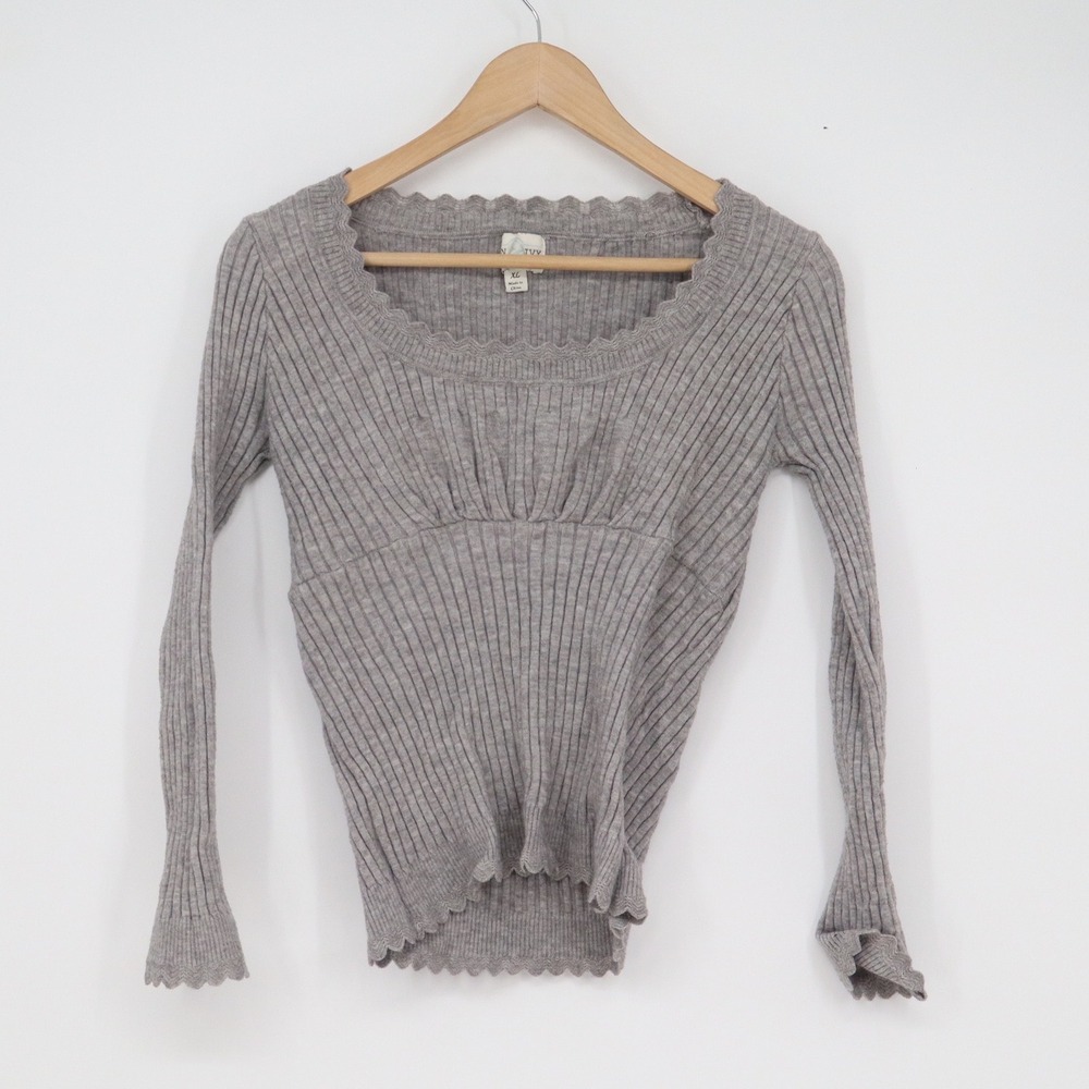 June & Ivy Gray Ribbed Scalloped Empire Waist Sweater Top XL